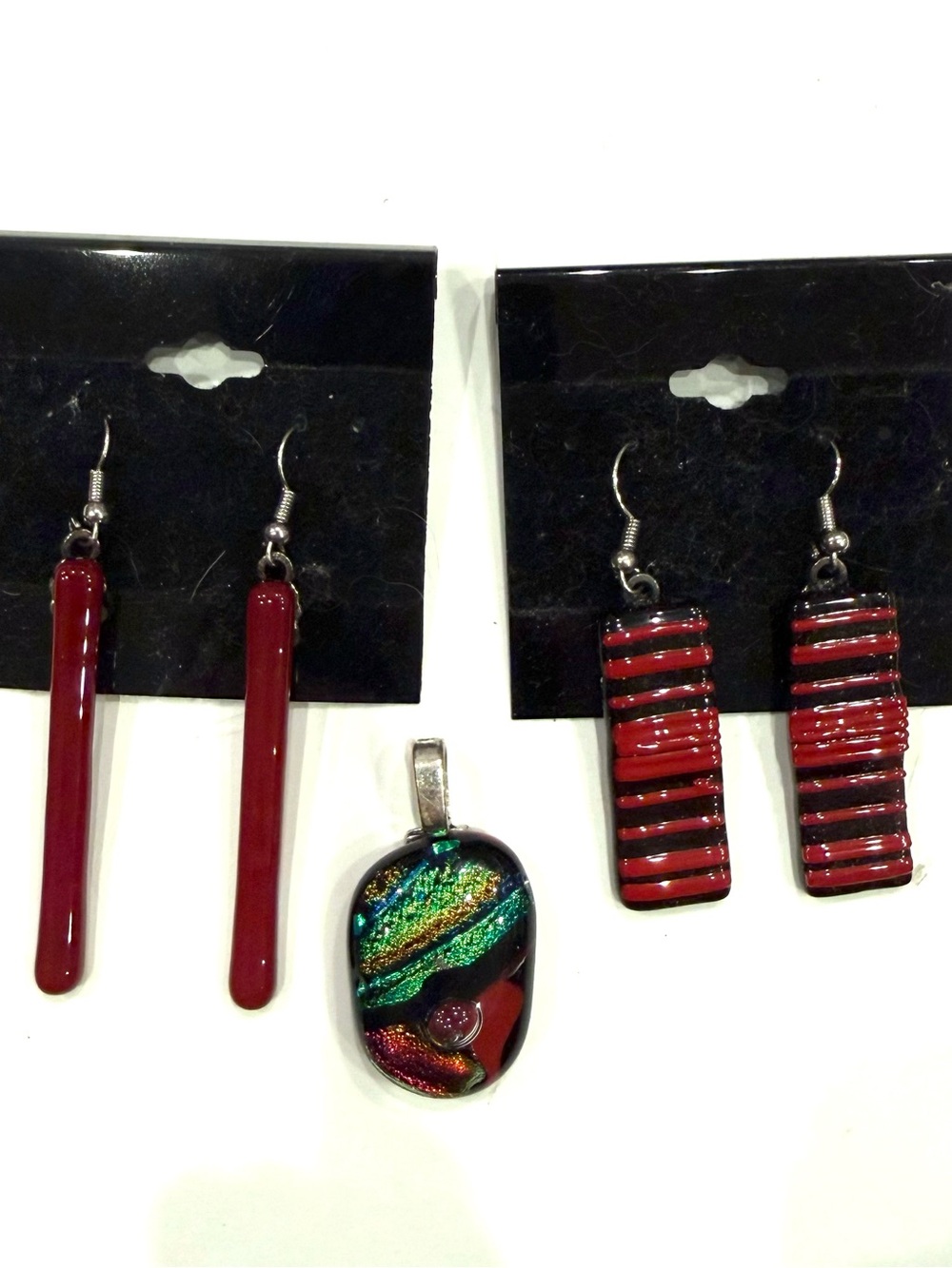 Artisan Fused Glass Pendant Earrings Set Red Green Gold Dichroic Handmade